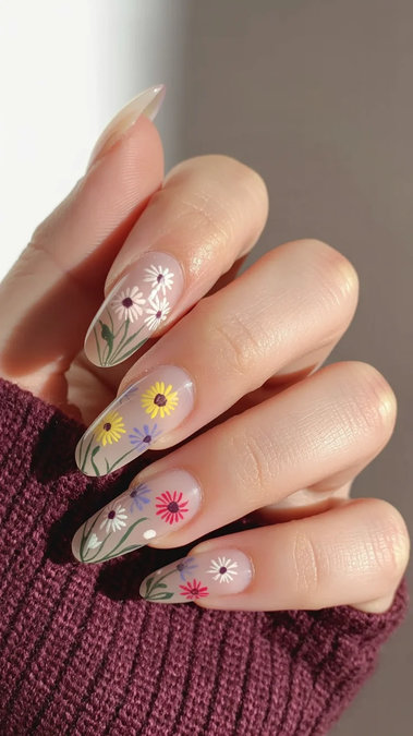 1 Long almond colorful wildflower nails nude white yellow pink_bp
