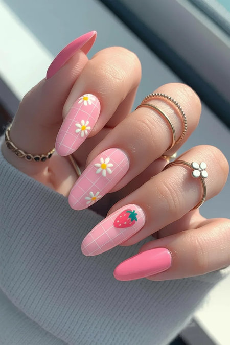 1 Long coffin pink nails white grid daisy strawberry designs_bp