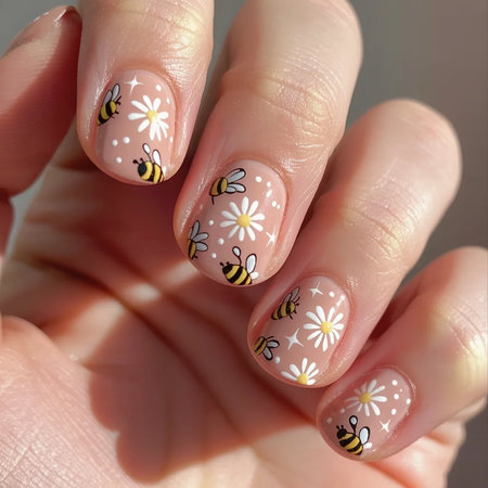 1 Squoval nude nails with bees and daisies_bp