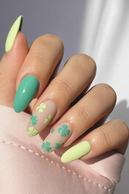 10 Lime green teal shamrock mix almond nails_bp