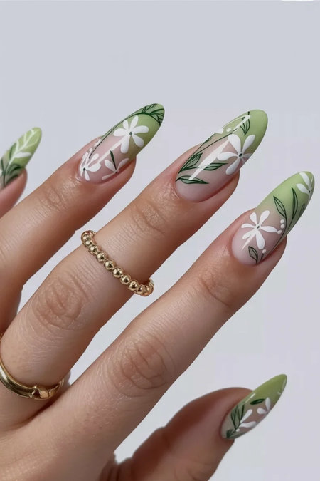 10 Long almond nude nails green tips white floral leaf designs_bp
