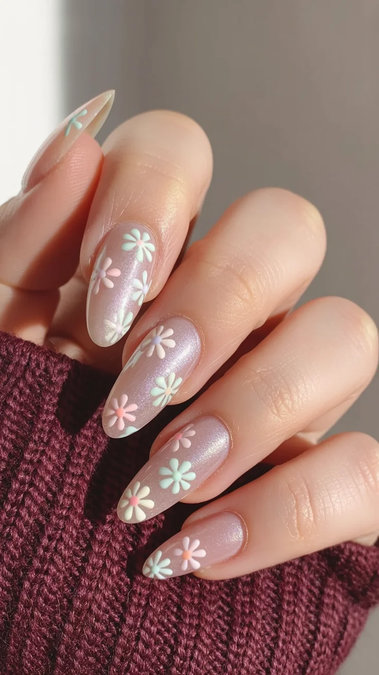 10 Long almond nude shimmer mint pink daisies_bp