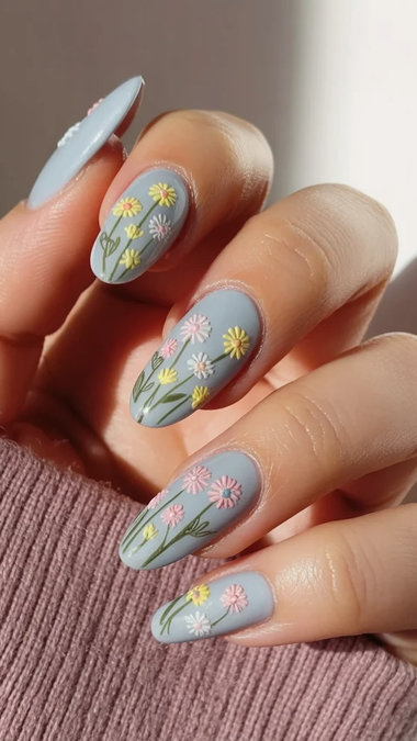 10 Long almond pastel blue 3D daisy multicolor_bp