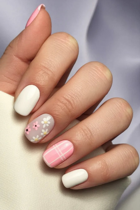 10 Squoval white pink and nude nails with plaid and daisies_bp
