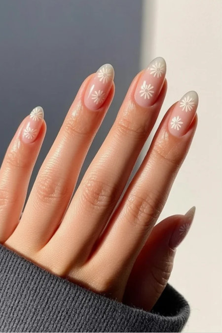 11 Long almond nails white daisy tips nude_bp