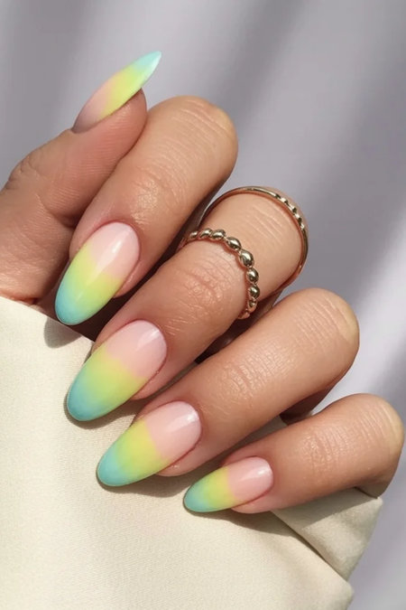 11 Long almond nude nails pastel yellow turquoise ombre French tips_bp