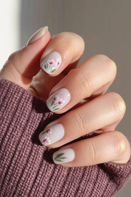 11 Squoval milky white nails with pink floral_bp