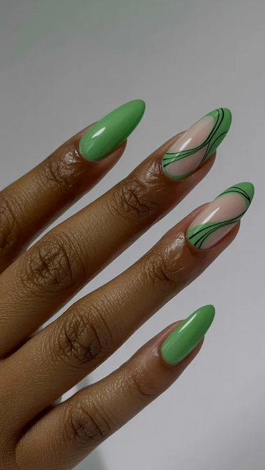 12 Long almond green nails green swirl lines dark skin_bp