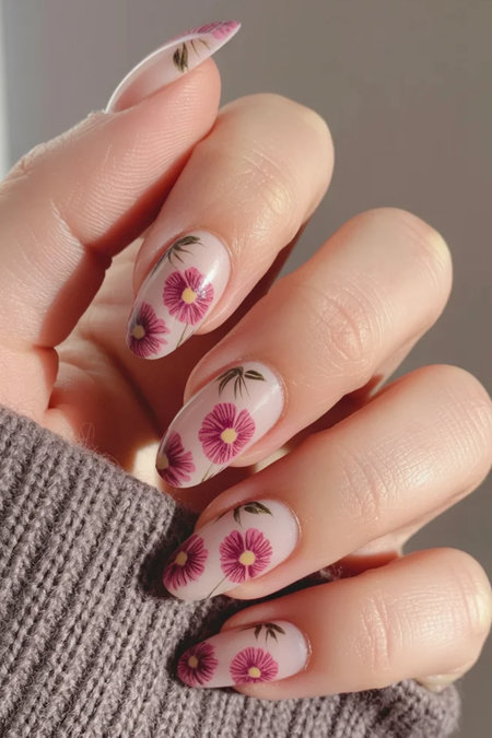 12 Long almond nude nails vibrant pink magenta daisies_bp