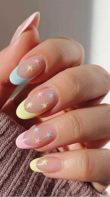 12 Long almond pastel French tips star accents_bp
