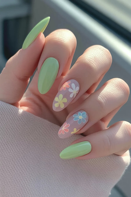 12 Long almond pastel green gray nails colorful daisy designs_bp