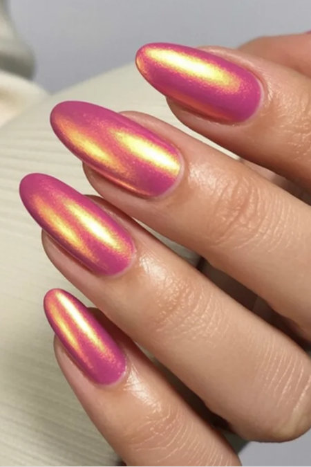 13 Long almond pink magenta chrome iridescent nails_bp