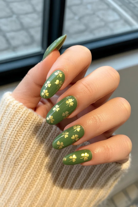 13 Olive green gold shamrock almond nails_bp