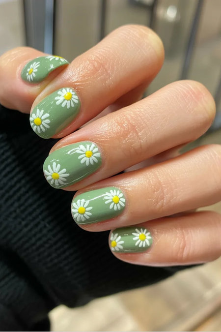13 Squoval sage green floral nails with daisies_bp