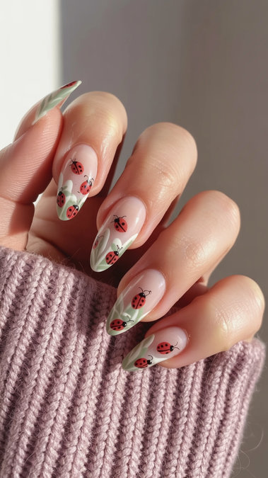 13 sage green leaves with ladybugs_bp