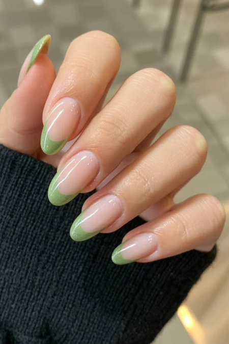 14 Long almond nude green ombre French tips_bp