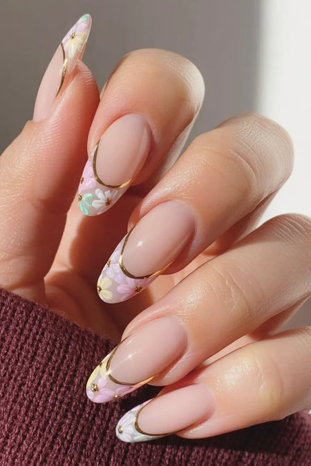 14 Long almond pastel nails pink green white floral gold trim_bp