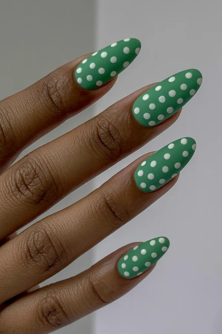 15 Green white polka dot almond nails_bp