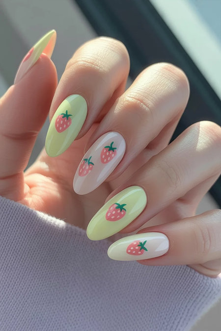 15 Long almond cream and green nails strawberry designs_bp