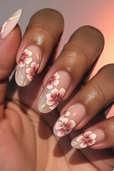 15 Long almond pink floral nails gold accents nude_bp