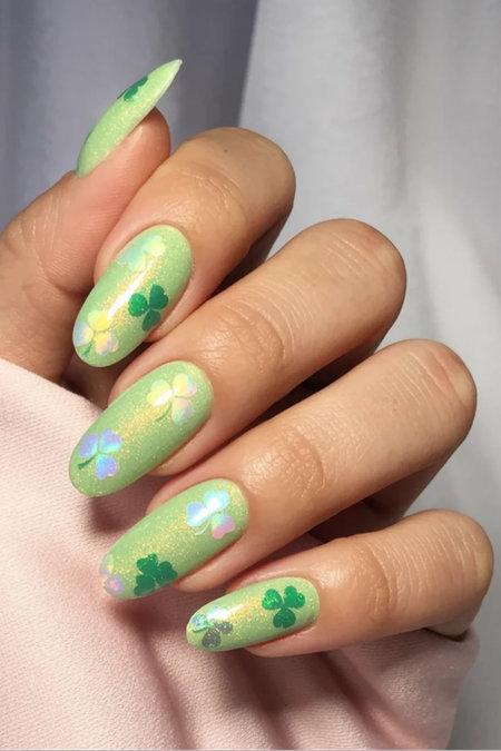 16 Lime green glitter shamrock holographic almond nails_bp