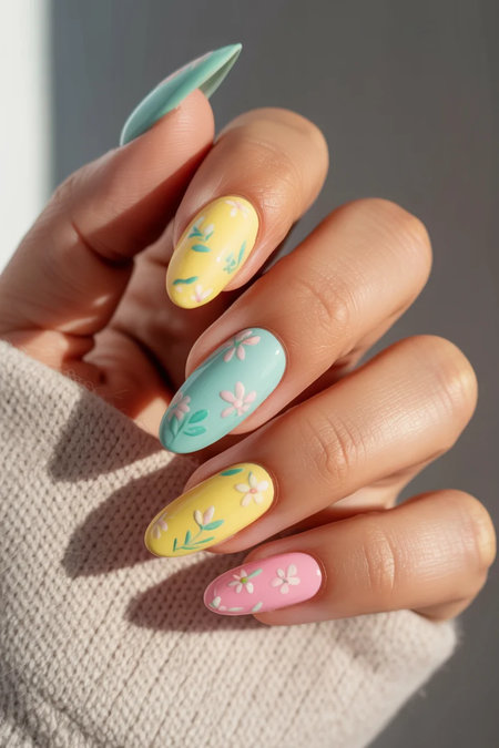 16 Long almond pastel nails yellow turquoise pink floral leaf designs_bp