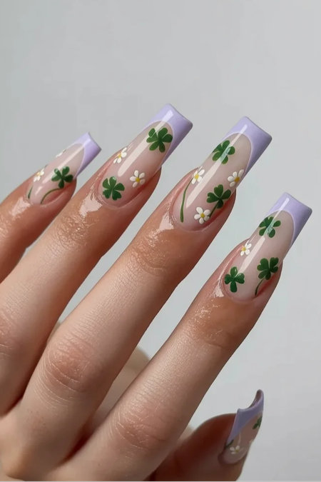 16 Long coffin lavender French tips shamrocks white daisies_bp