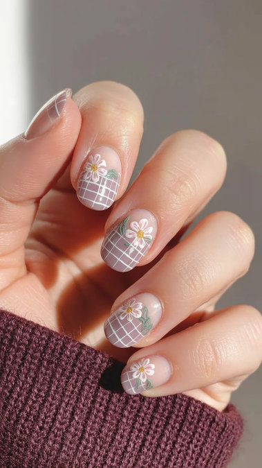 16 Short square pink nails white grid pattern daisies_bp