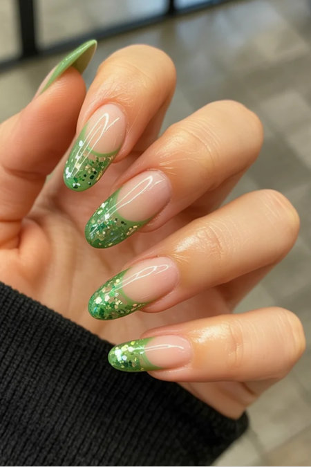 17 Green glitter gradient French almond nails_bp