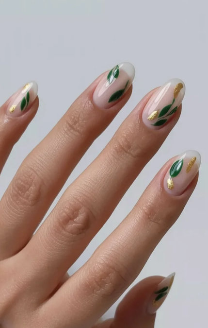 17 Long almond nude green leaves gold accents_bp