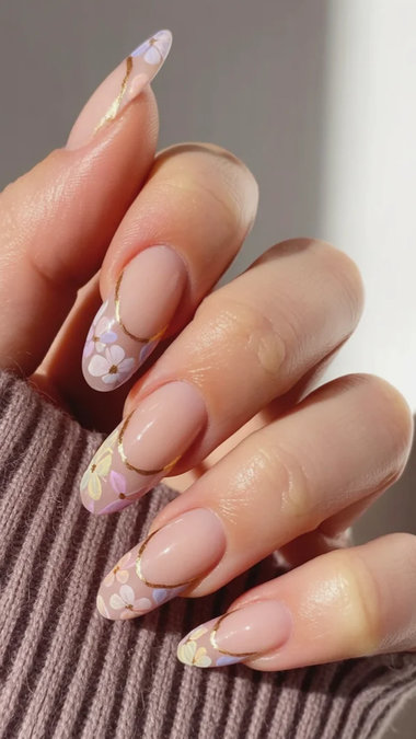 17 Long almond nude pastel floral French tips gold_bp