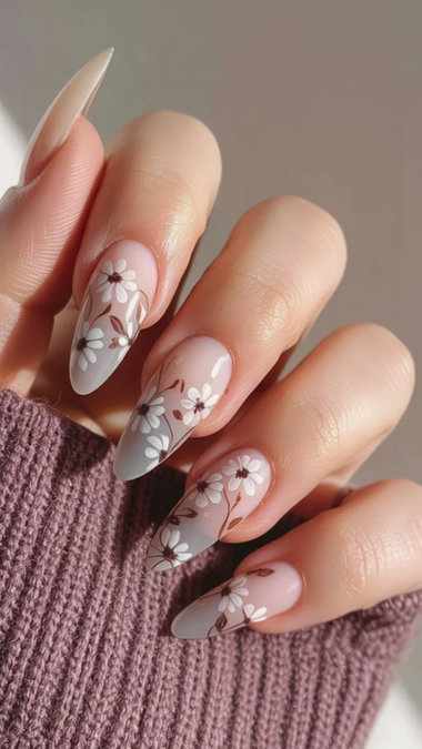 17 Long stiletto nude nails white daisies brown accents_bp