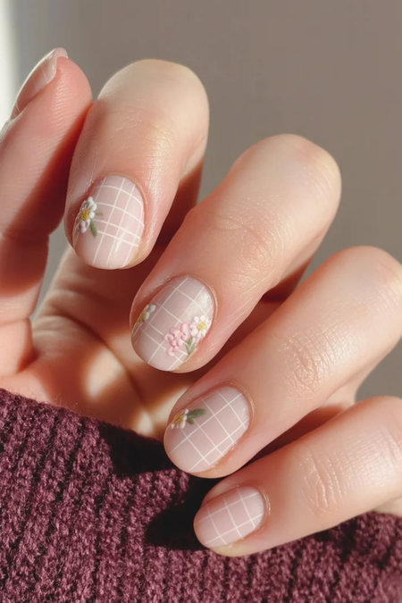 17 Squoval nude nails with white grid and flowers_bp