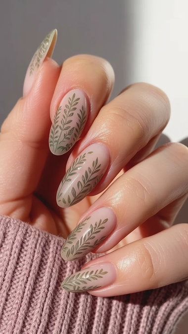 18 Long almond nude green botanical leaves_bp