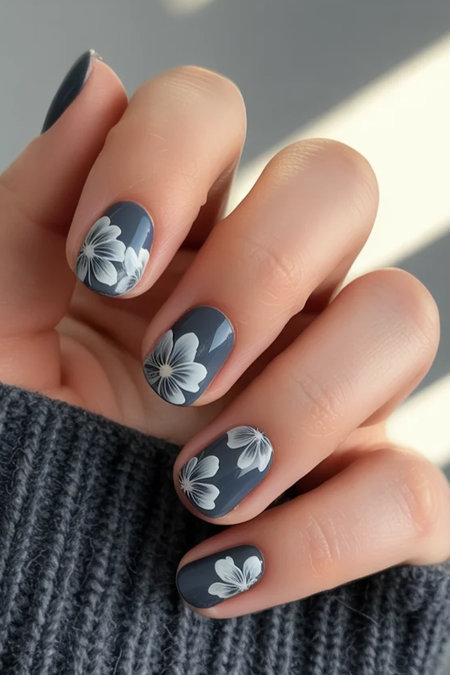 18 Short square charcoal gray nails white floral designs_bp