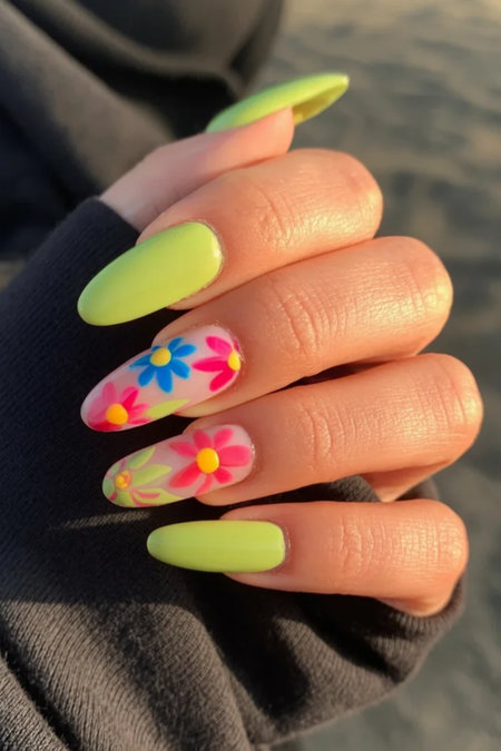 19 Long almond neon yellow nails multicolor daisy flowers_bp