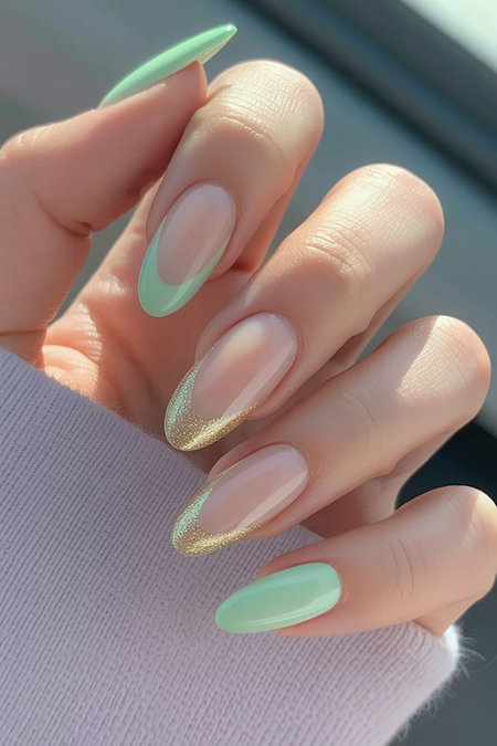 19 Long almond nude nails mint green gold glitter French tips_bp