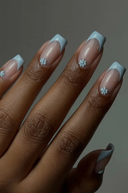 19 Long square light blue French tips blue daisies dark skin_bp
