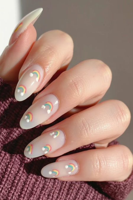 19 Pastel rainbow cloud nude almond nails_bp
