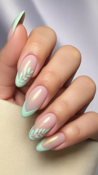 2 Long almond mint green French tips leaves gold accents_bp