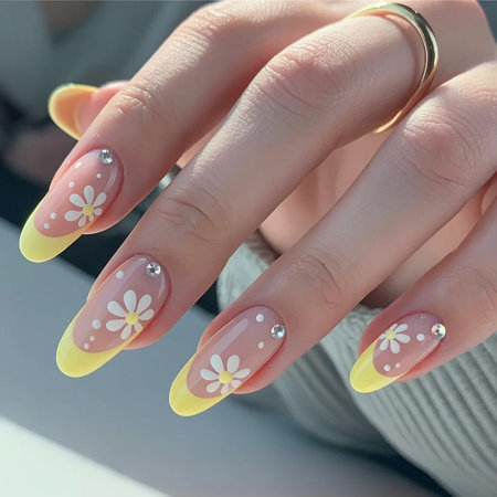 2 Long almond nude nails yellow tips white daisy rhinestones_bp