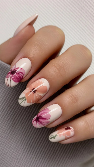 2 Long almond watercolor floral nails pink mauve nude_bp