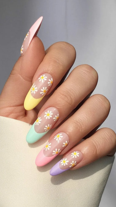 2 Long stiletto pastel French tips daisy art multicolor_bp