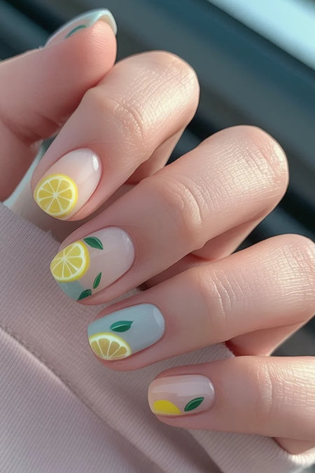 2 Squoval white nails with lemon design_bp