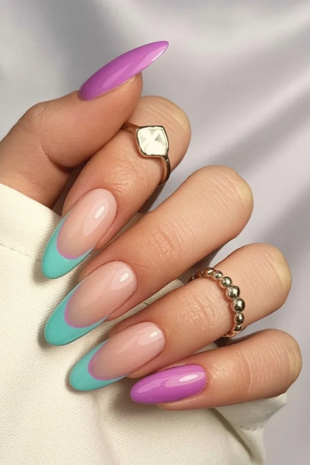 20 Long almond nude nails turquoise purple French tips_bp