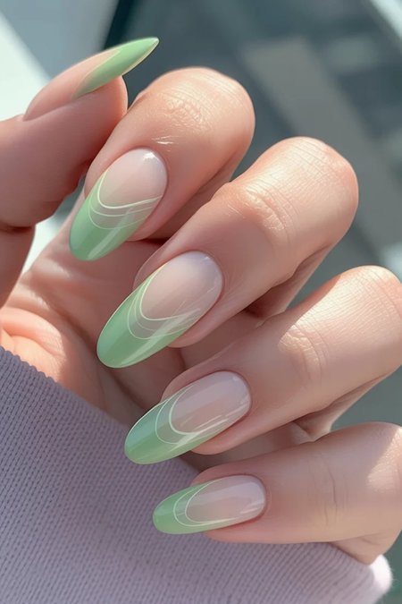 20 Mint green French white line swirl almond nails_bp