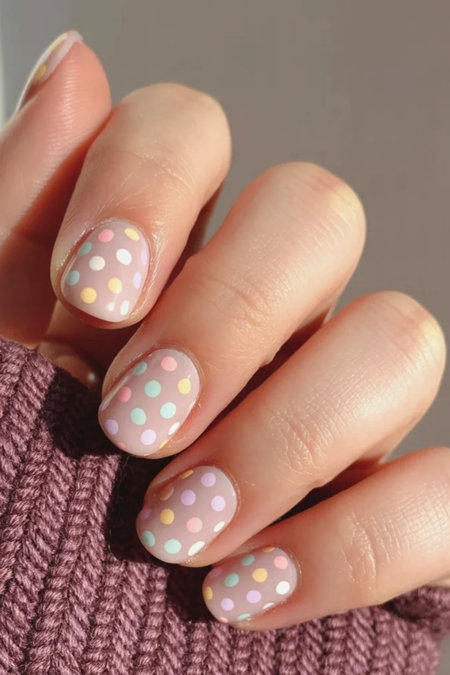 20 Round nude nails with pastel polka dots_bp
