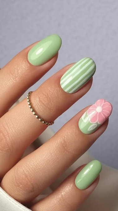 20 Short round mint green nails stripes pink 3D flower_bp