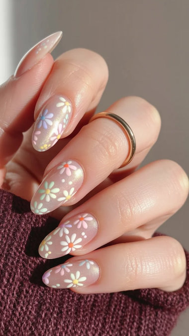 21 Long almond nude shimmer pastel daisies multicolor_bp
