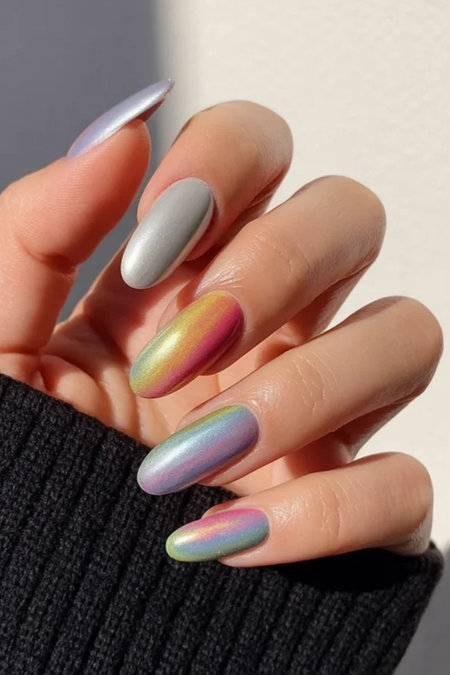 21 Long almond silver chrome rainbow holographic chrome nails_bp